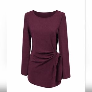 Boston Proper Women's Merlot Long Sleeve  Scuba Knit Top Rouched Tie Waist Sz S